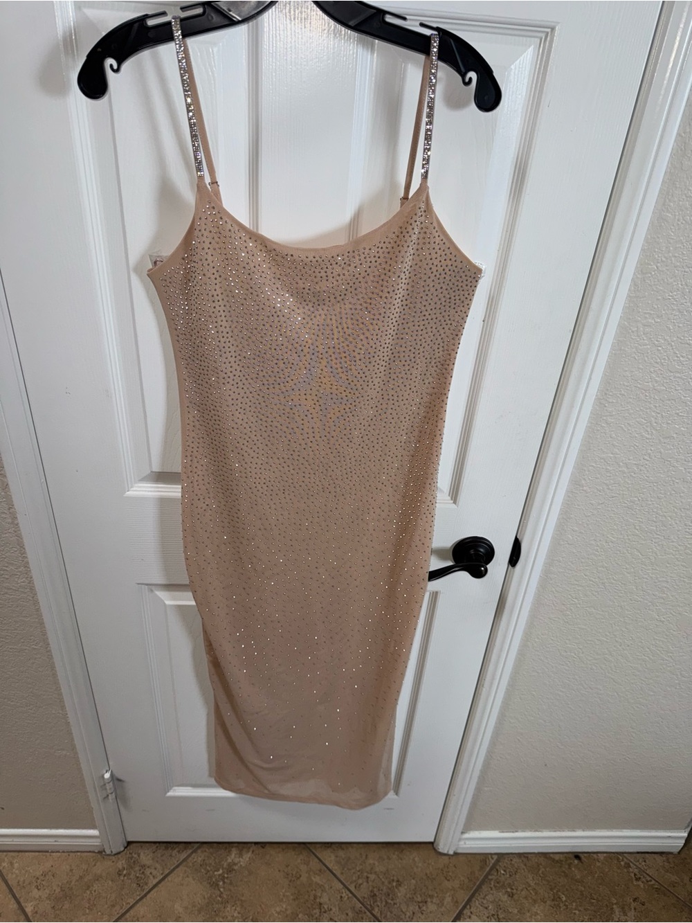 Nude rhinestone Midi Slip Dress with rhinestone-embellished Straps, body-con